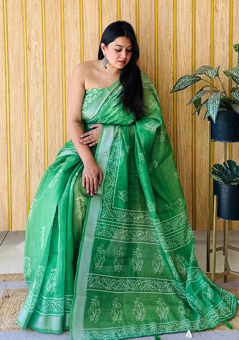 Sea Green Printed Linen Saree Set