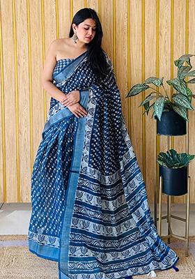 Steel Blue Printed Linen Saree Set