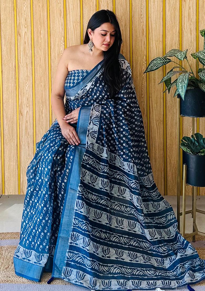 Steel Blue Printed Linen Saree Set