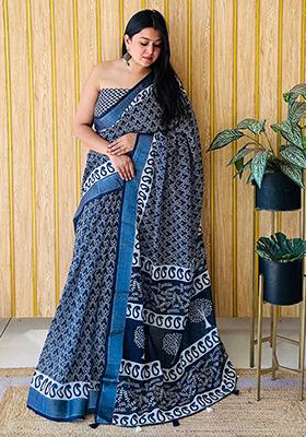 Steel Blue Printed Linen Saree Set