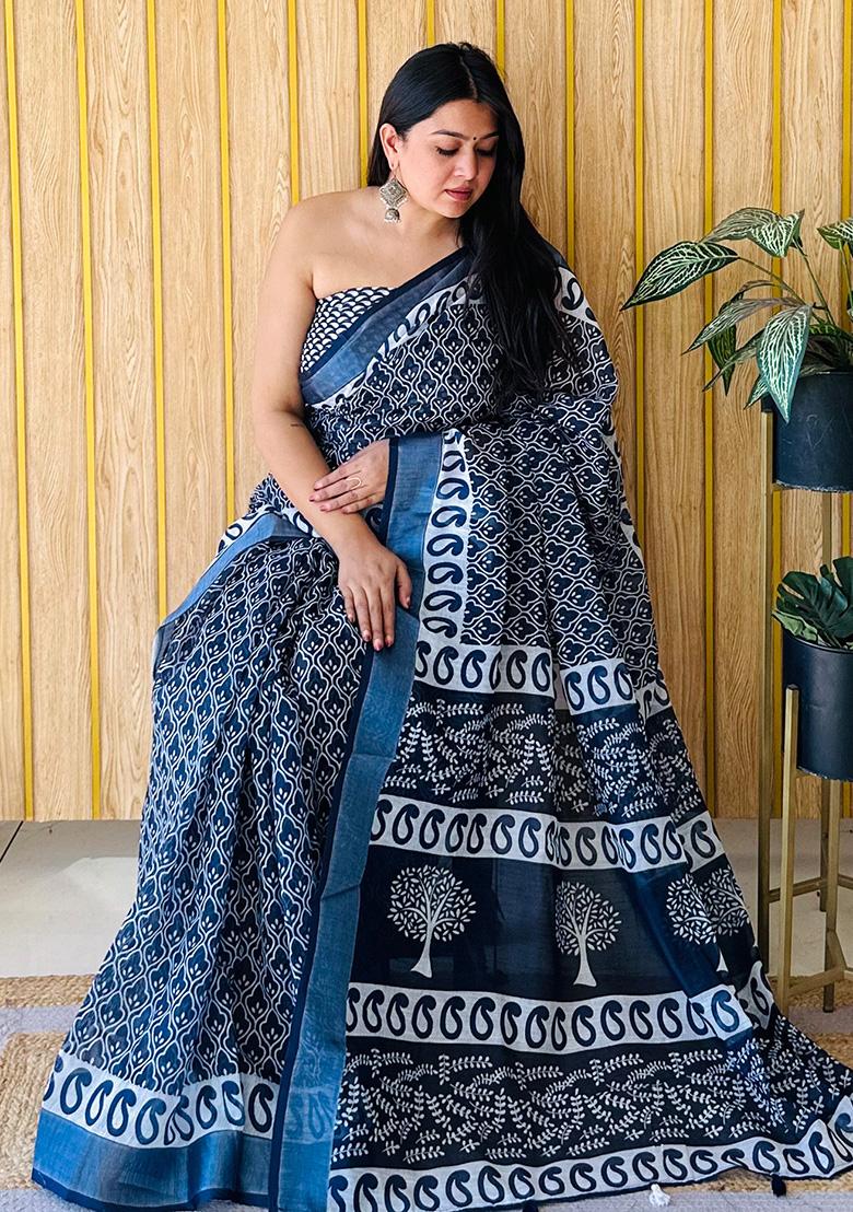 Steel Blue Printed Linen Saree Set