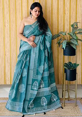 Teal Printed Linen Saree Set
