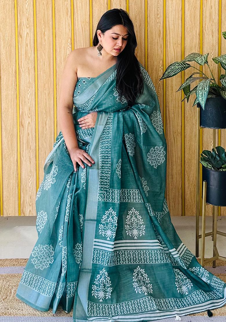 Teal Printed Linen Saree Set