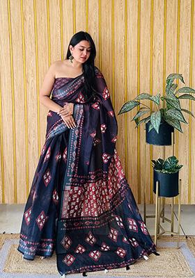 Black Printed Linen Saree Set