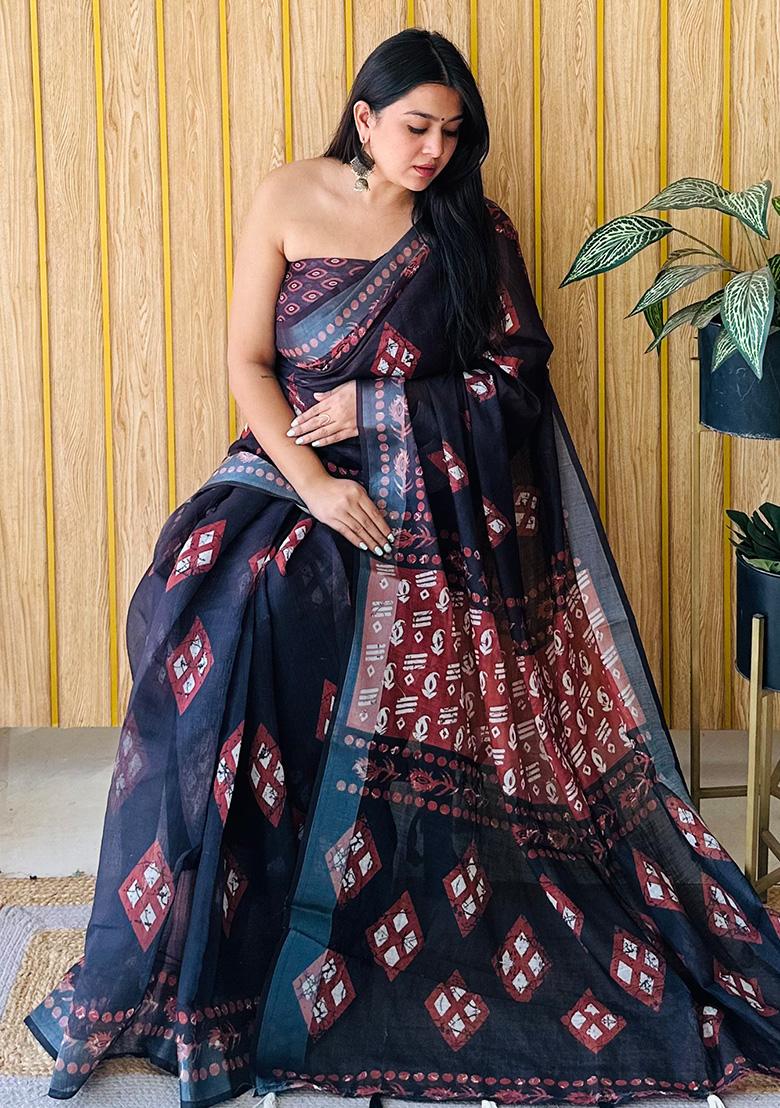 Black Printed Linen Saree Set