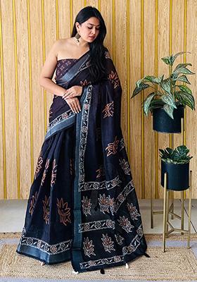 Black Printed Linen Saree Set