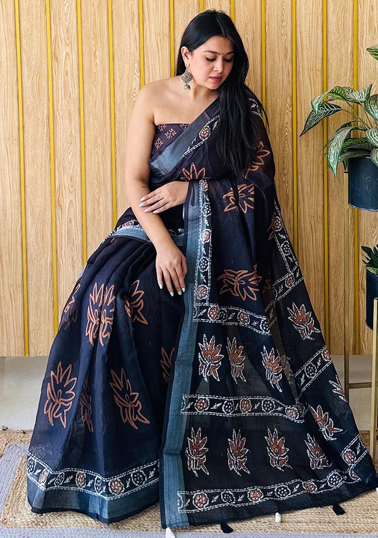 Black Printed Linen Saree Set