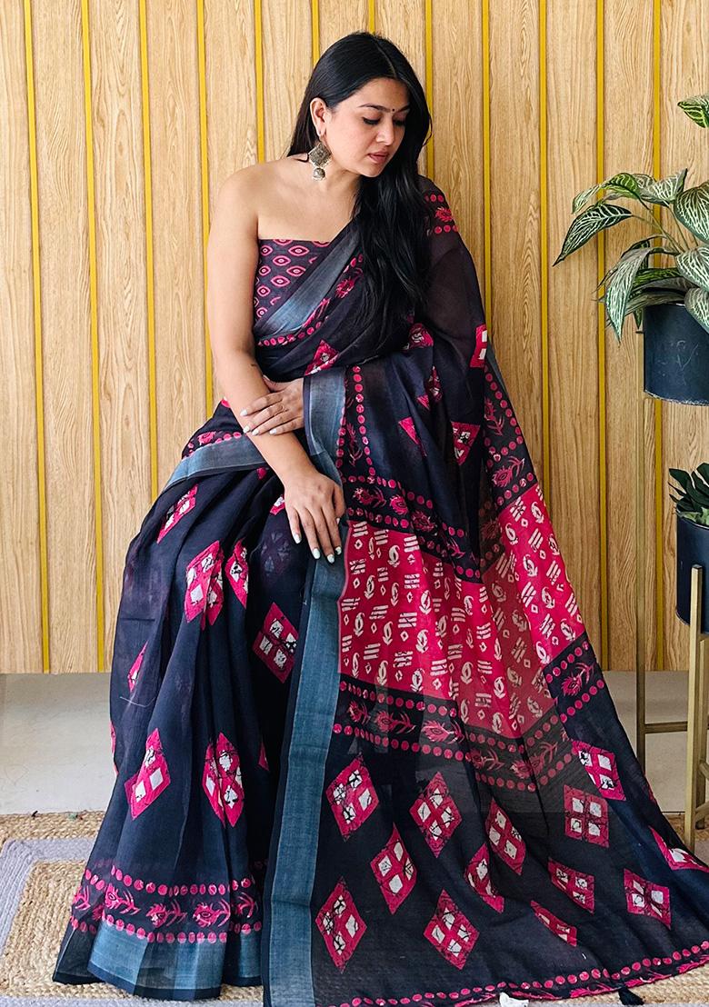 Black Printed Linen Saree Set