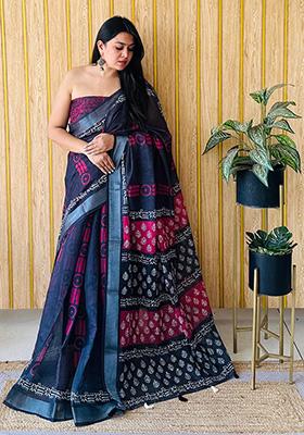 Black Printed Linen Saree Set
