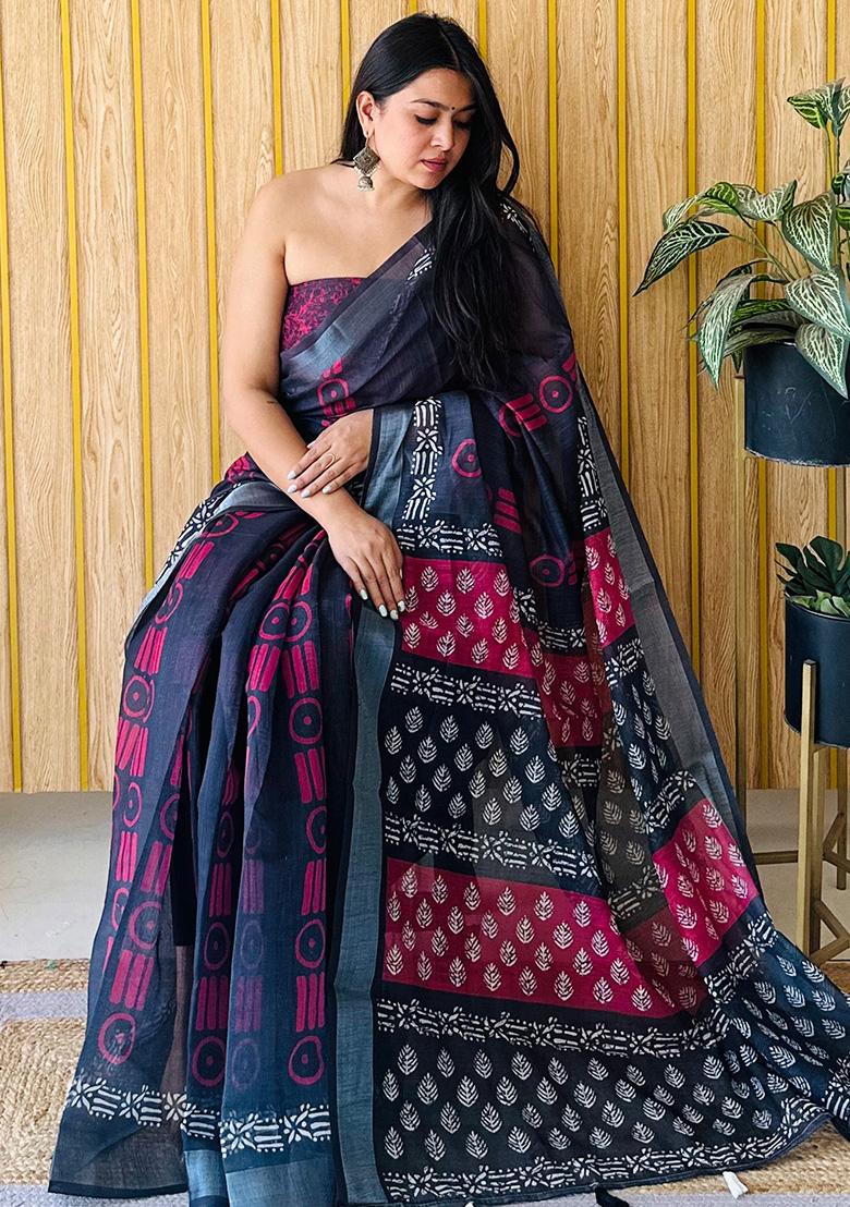 Black Printed Linen Saree Set
