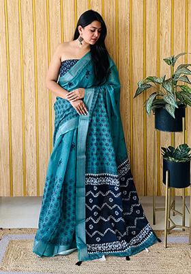 Blue Printed Linen Saree Set