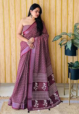 Maroon Printed Linen Saree Set