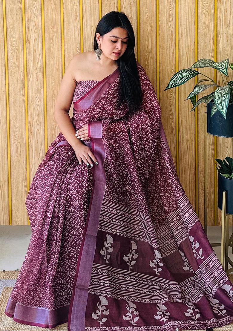 Maroon Printed Linen Saree Set