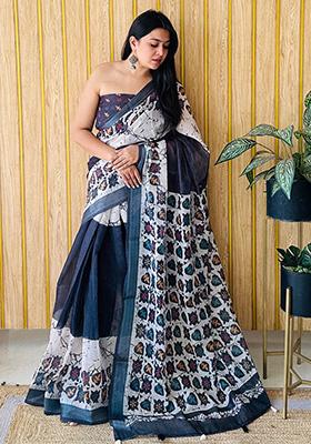 Navy Blue  Printed Linen Saree Set