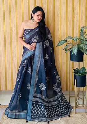 Navy Blue  Printed Linen Saree Set