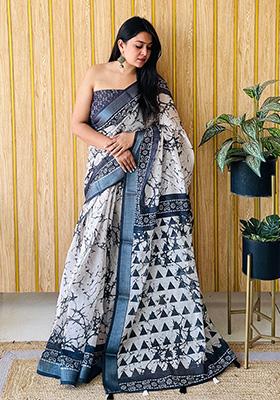 Off White Printed Linen Saree Set