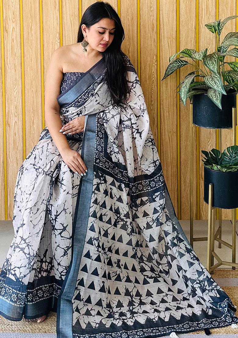 Off White Printed Linen Saree Set