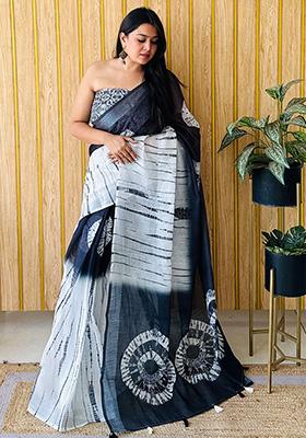 Off White Printed Linen Saree Set