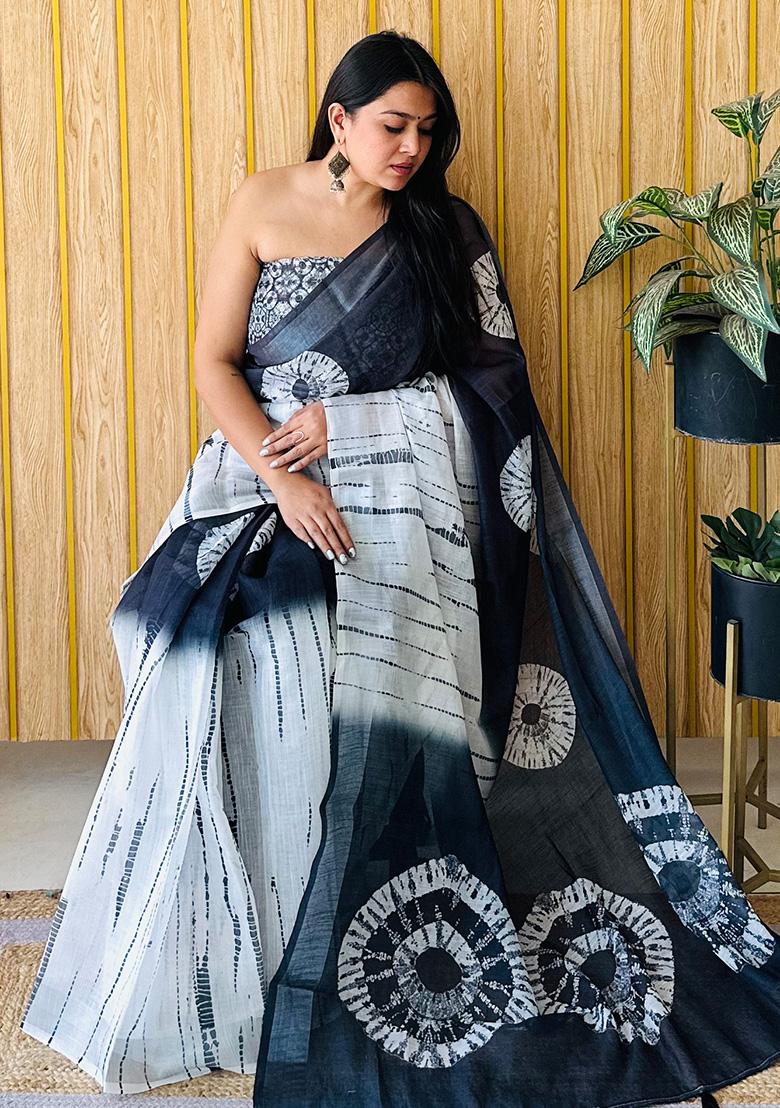 Off White Printed Linen Saree Set