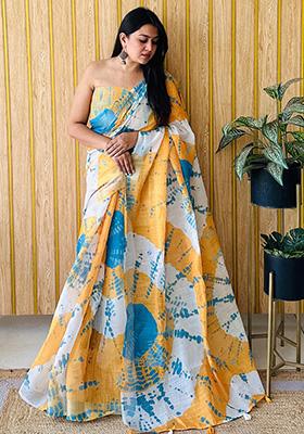 Off White Printed Linen Saree Set