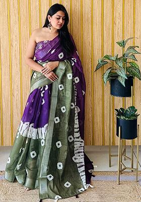 Purple Printed Linen Saree Set