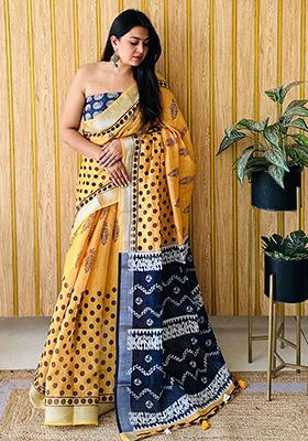 Yellow Printed Linen Saree Set