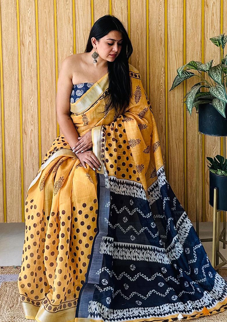 Yellow Printed Linen Saree Set