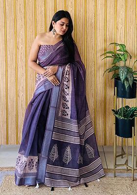 Dark Lavender Printed Linen Saree Set