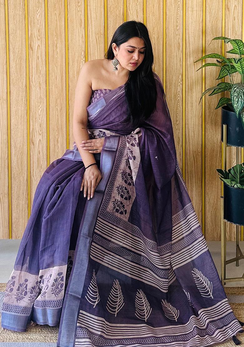 Dark Lavender Printed Linen Saree Set