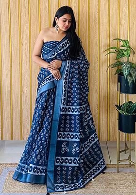 Deep Blue Printed Linen Saree Set