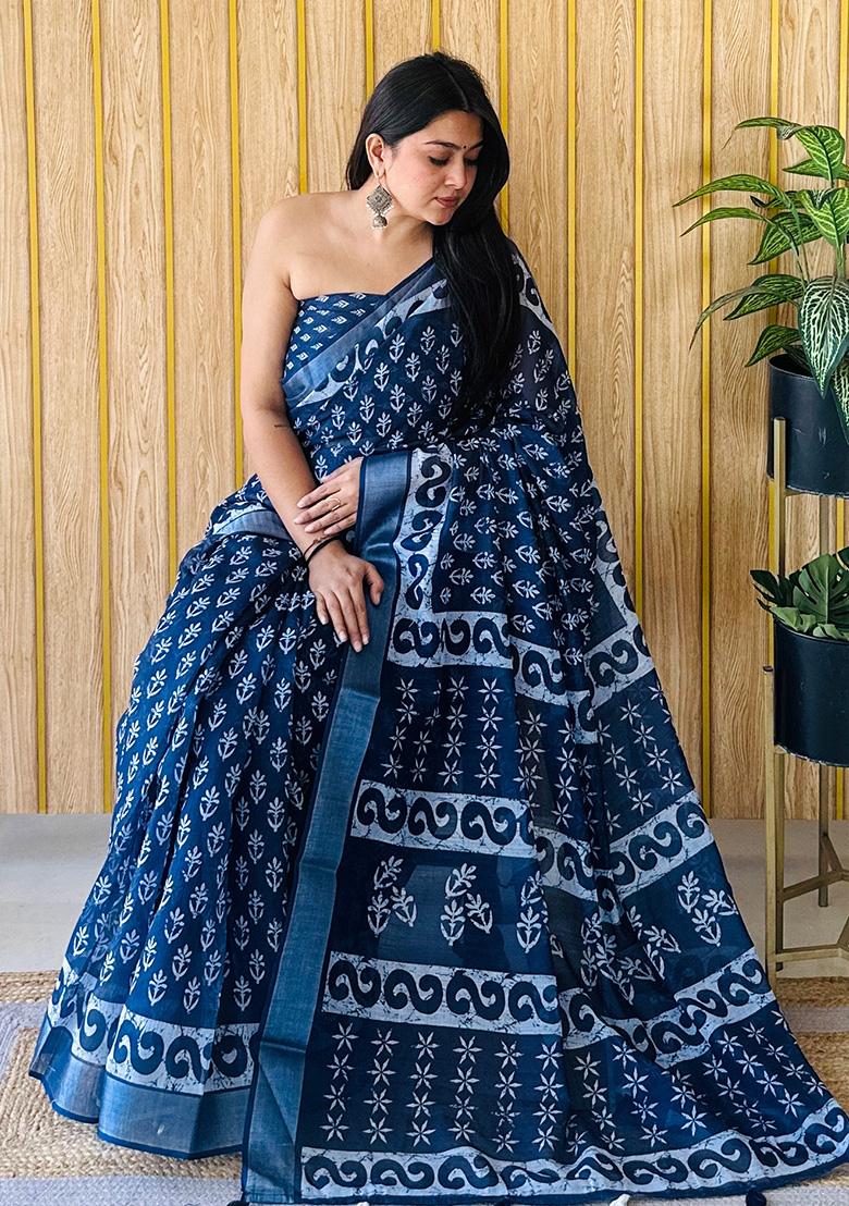 Deep Blue Printed Linen Saree Set