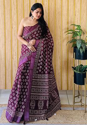 Magenta Printed Linen Saree Set