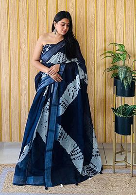 Navy Blue  Printed Linen Saree Set
