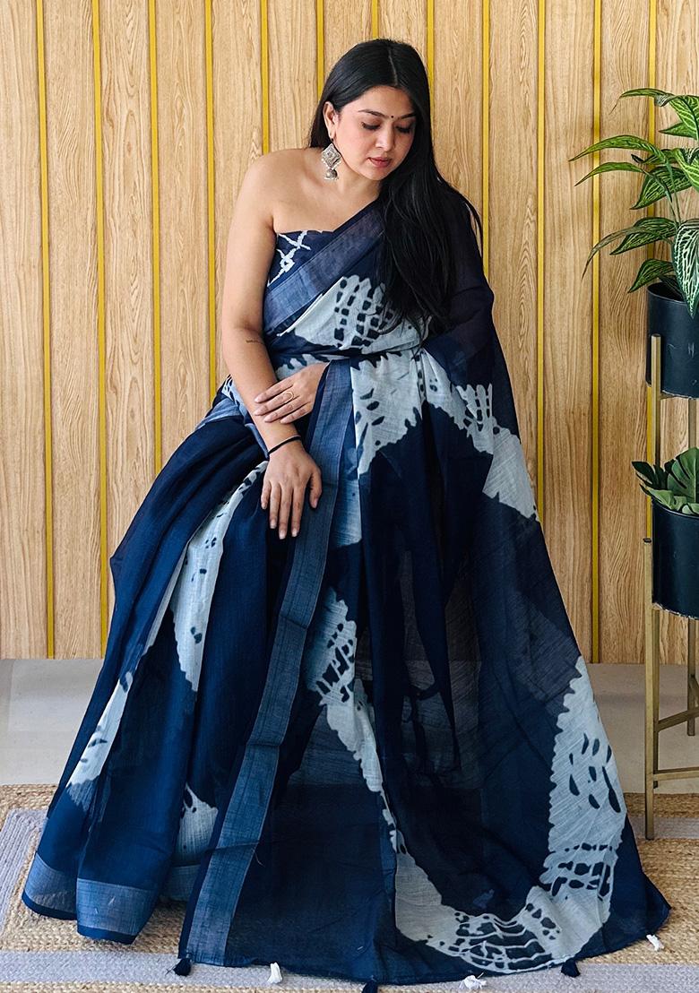 Navy Blue  Printed Linen Saree Set
