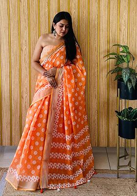 Orange Printed Linen Saree Set