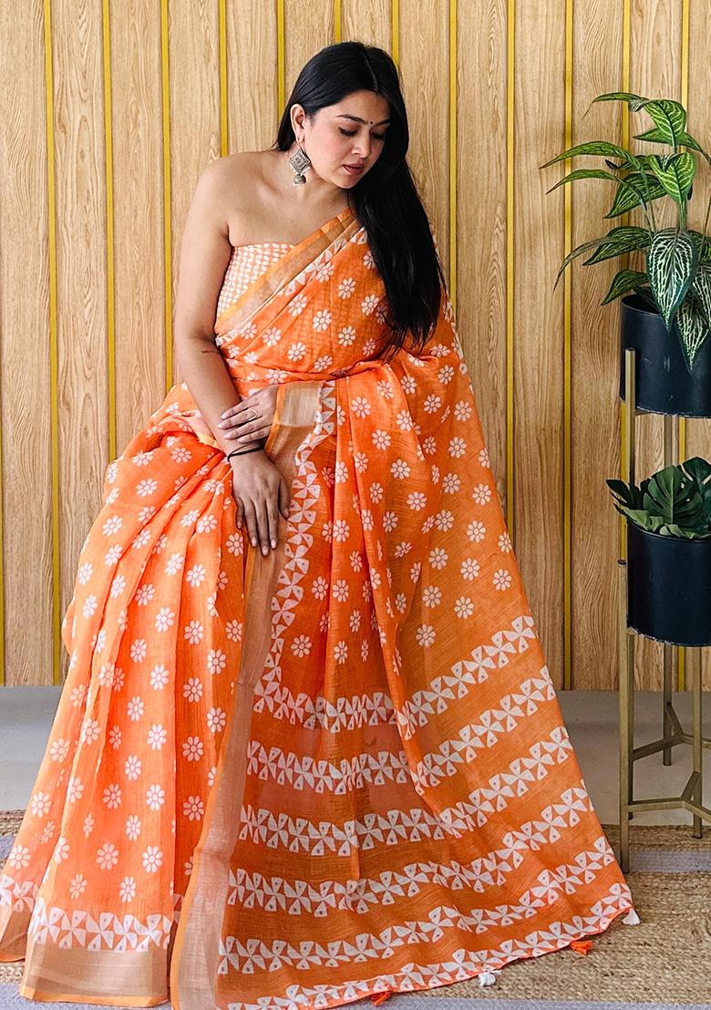 Orange Printed Linen Saree Set