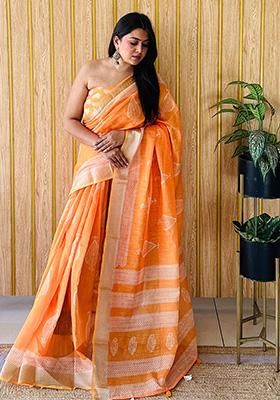 Orange Printed Linen Saree Set
