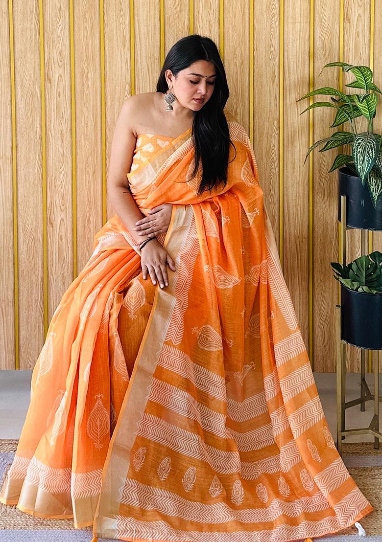 Orange Printed Linen Saree Set