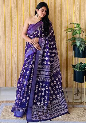 Purple Printed Linen Saree Set
