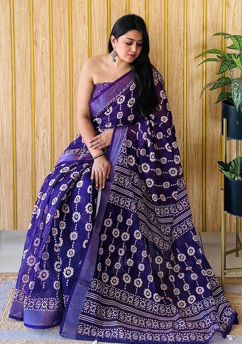 Purple Printed Linen Saree Set