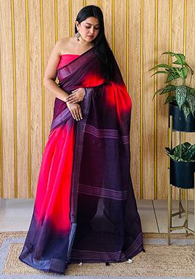 Red Printed Linen Saree Set