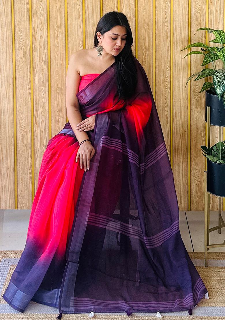 Red Printed Linen Saree Set