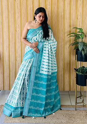 Sky Blue Printed Linen Saree Set
