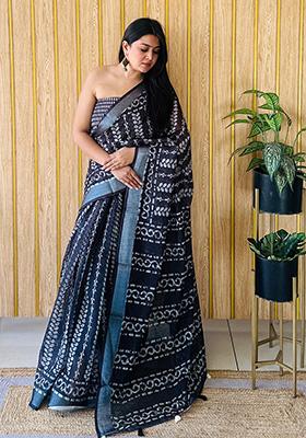 Steel Blue Printed Linen Saree Set