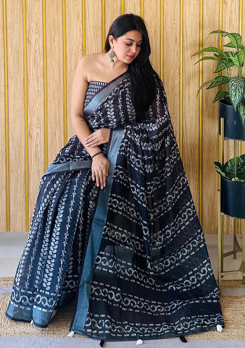 Steel Blue Printed Linen Saree Set