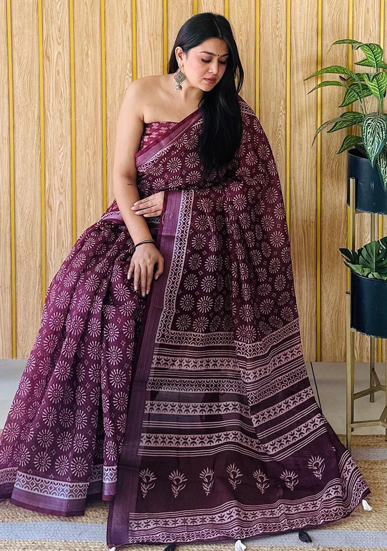 Wine Printed Linen Saree Set