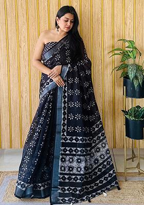 Black Printed Linen Saree Set