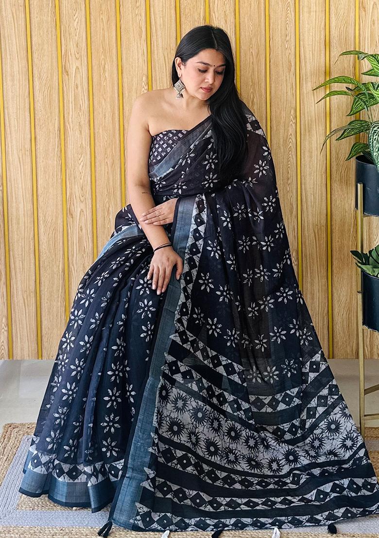 Black Printed Linen Saree Set