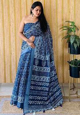 Deep Blue Printed Linen Saree Set