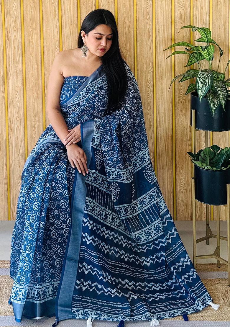 Deep Blue Printed Linen Saree Set